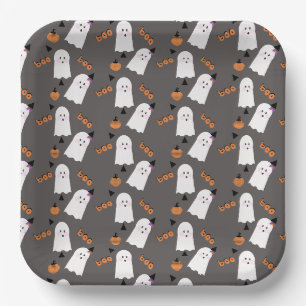Süßer Halloween-Geist Ghoul Orange Grau Konfetti Pappteller