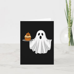 Süßer Halloween-Geist hält Pumpkin-Cupcake-Tasche Karte