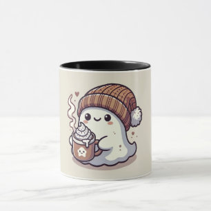 Süßer Halloween-Geist im Herbst-Beanie und Heißer Tasse