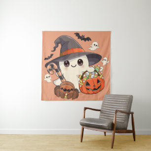 Süßer Halloween-Geist im Kawaii-Stil Wandteppich