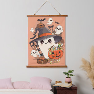 Süßer Halloween-Geist im Kawaii-Stil Wandteppich Mit Holzrahmen