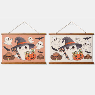 Süßer Halloween-Geist im Kawaii-Stil Wandteppich Mit Holzrahmen