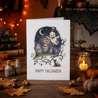 Süßer Halloween-Geist im Zylinder Karte