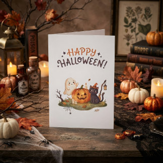 Süßer Halloween-Geist, Katze & Kürbis Karte