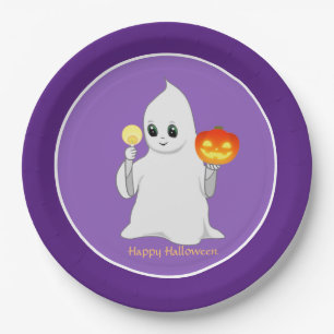 Süßer Halloween-Geist & Kürbis auf Lila Pappteller
