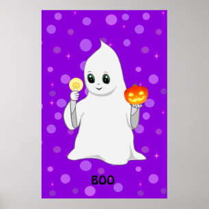 Süßer Halloween-Geist & Kürbis auf Lila Poster