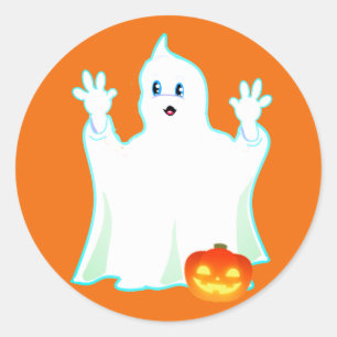 Süßer Halloween-Geist & Kürbis auf Orange Classic  Runder Aufkleber