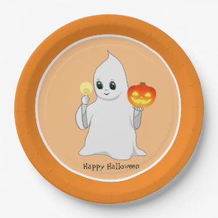 Süßer Halloween-Geist & Kürbis auf Orange Pappteller