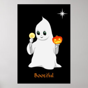 Süßer Halloween-Geist & Kürbis auf Schwarz Poster