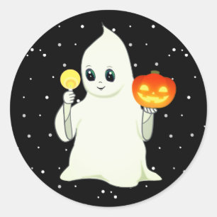 Süßer Halloween-Geist & Kürbis auf schwarzem klass Runder Aufkleber