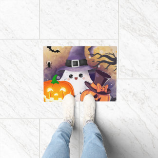 Süßer Halloween-Geist mit Hexenhut und Kürbissen Fußmatte