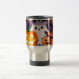 Süßer Halloween-Geist mit Hexenhut und Kürbissen Reisebecher
