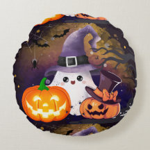 Süßer Halloween-Geist mit Hexenhut und Kürbissen