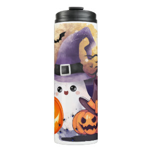 Süßer Halloween-Geist mit Hexenhut und Kürbissen Thermosbecher
