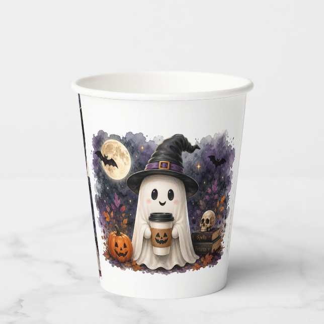 Süßer Halloween-Geist mit Kaffeetasse Wasserfarbe Pappbecher (Rückseite)