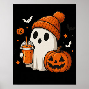 Süßer Halloween-Geist mit Kürbis und Getränk  Poster