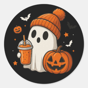 Süßer Halloween-Geist mit Kürbis und Getränk Runder Aufkleber