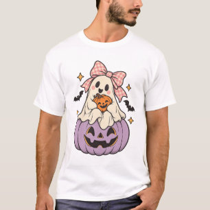 Süßer Halloween-Geist mit rosa Schleife und pastel T-Shirt