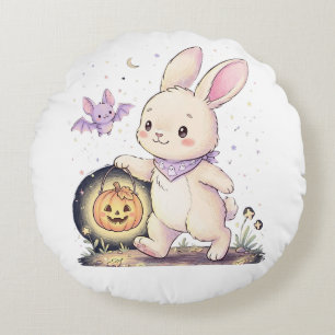 Süßer Halloween-Hase mit Kürbislaterne und Flederm Rundes Kissen