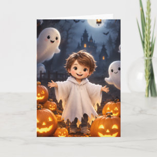 Süßer Halloween-Junge mit freundlichen Geistern zu Karte