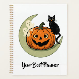 Süßer Halloween-Kater auf Mond-Kürbis-Planer Planer