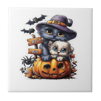 Süßer Halloween-Katzen-Aufkleber � Hexenhut, Kürbi Fliese