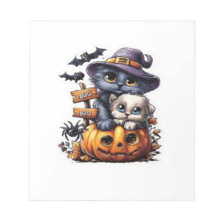 Süßer Halloween-Katzen-Aufkleber � Hexenhut, Kürbi Notizblock
