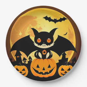 Süßer Halloween-Katzen-Charakter mit Kürbissen Pappteller