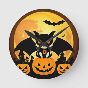 Süßer Halloween-Katzen-Charakter mit Kürbissen Runde Wanduhr