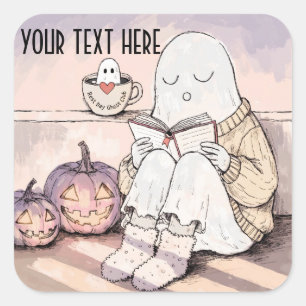 Süßer Halloween-Leseghost-Cozy-Autumn-Book-Club Quadratischer Aufkleber