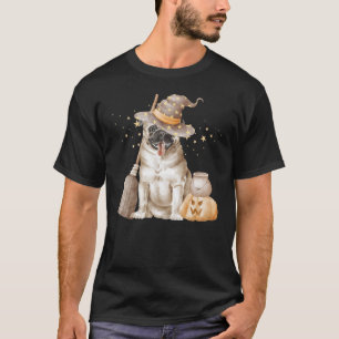 Süßer Halloween-Mops-Hexenbesen-Hundemutter-Frauen T-Shirt