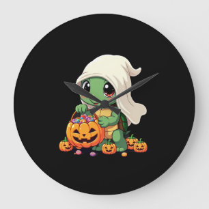 Süßer Halloween-Schildkröten-Geist mit Süßigkeiten Große Wanduhr