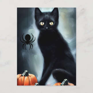 Süßer Halloween-Schwarzer-Kater mit Kürbissen und Postkarte