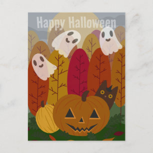 Süßer Halloween-Schwarzer-Kater und Geister Herbst Postkarte