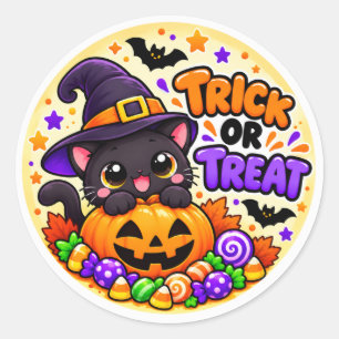 Süßer Halloween-Schwarzer-Katze-Trick-or-Treat-Auf Runder Aufkleber