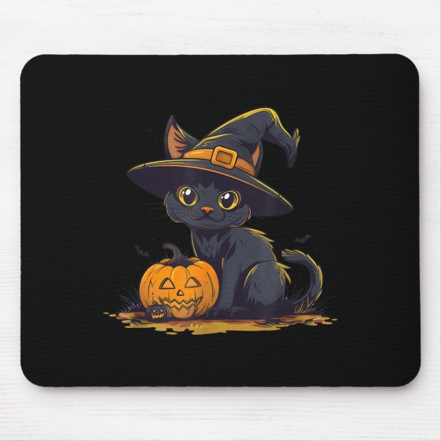Süßer Halloween-Schwarzer-Katzen-Hexenhut-Kürbis Mousepad (Vorne)