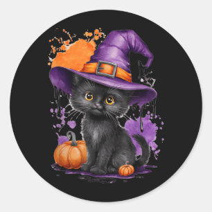 Süßer Halloween-Schwarzer-Katzen-Hexenhut-Kürbis Runder Aufkleber