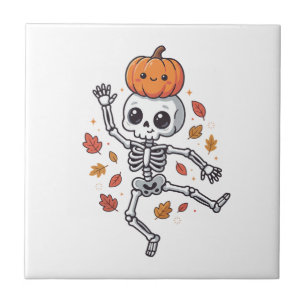 Süßer Halloween tanzender Skelett mit Kürbiskopf Fliese