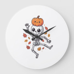 Süßer Halloween tanzender Skelett mit Kürbiskopf Große Wanduhr
