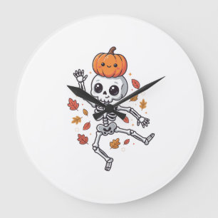 Süßer Halloween tanzender Skelett mit Kürbiskopf Große Wanduhr