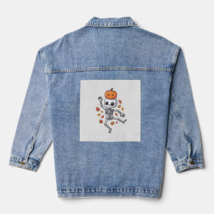 Süßer Halloween tanzender Skelett mit Kürbiskopf Jeansjacke