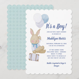 Süßer Hase Blaue Ballons Es ist ein Junge Baby-Par Einladung