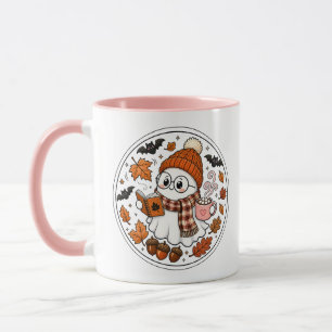 Süßer Herbst-Halloween-Geist mit heißer Schokolade Tasse