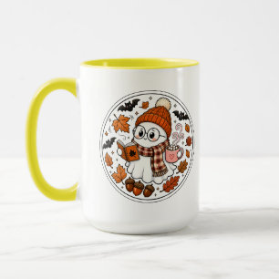 Süßer Herbst-Halloween-Geist mit heißer Schokolade Tasse
