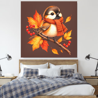 Süßer Herbstvogel mit gemütlicher Schärpe – Herbst Leinwanddruck