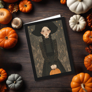 Süßer Hexenmädchenhut & Kürbis Kinder Halloween Karte