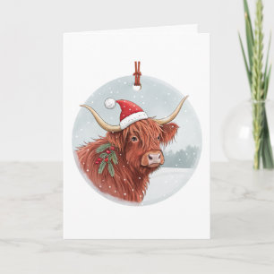 Süßer Highland-Cow-Weihnachten Weihnachtsmannmüt Feiertagskarte