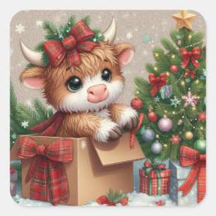 Süßer Highland-Kuh-Weihnachtsaufkleber Quadratischer Aufkleber
