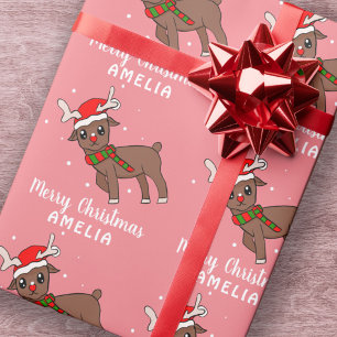 Süßer Hirsch mit Santa-Hut Rosa Kinder  Geschenkpapier