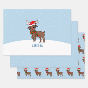 Süßer Hirsch mit Weihnachtsmannmütze Schnee Weihna Geschenkpapier Set